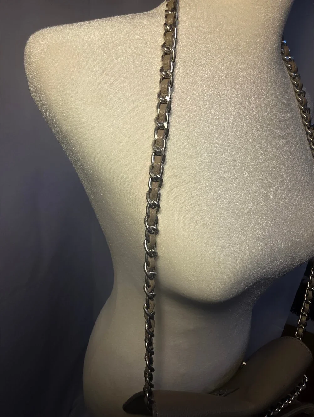 Tory Burch Taupe Pebbled Leather Flap Crossbody Shoulder Bag Silver Chain
